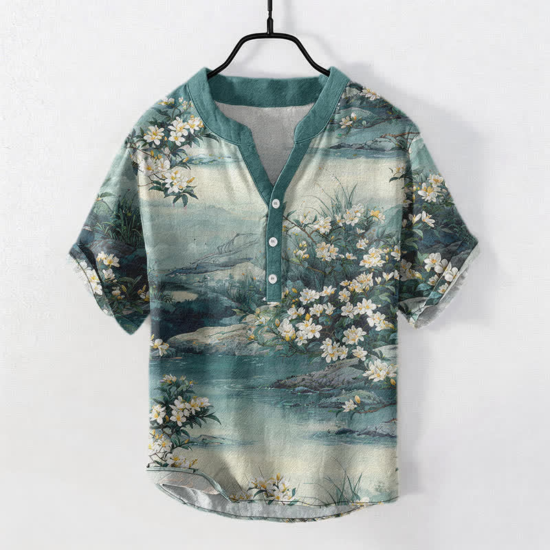 Buddha Stones Camicia da uomo a maniche corte con mezza abbottonatura, in cotone, con motivo floreale acquerellato. - Verde mare - US/UK/AU50, EU60 (5XL) - image 0