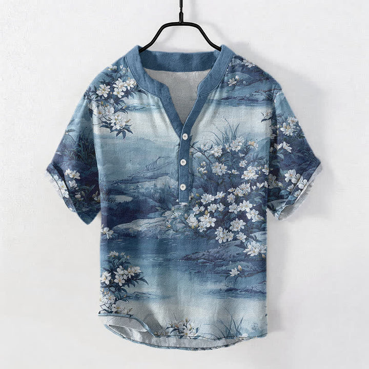 Buddha Stones Camicia da uomo a maniche corte con mezza abbottonatura, in cotone, con motivo floreale acquerellato. - Blu acciaio chiaro - US/UK/AU50, EU60 (5XL) - image 5