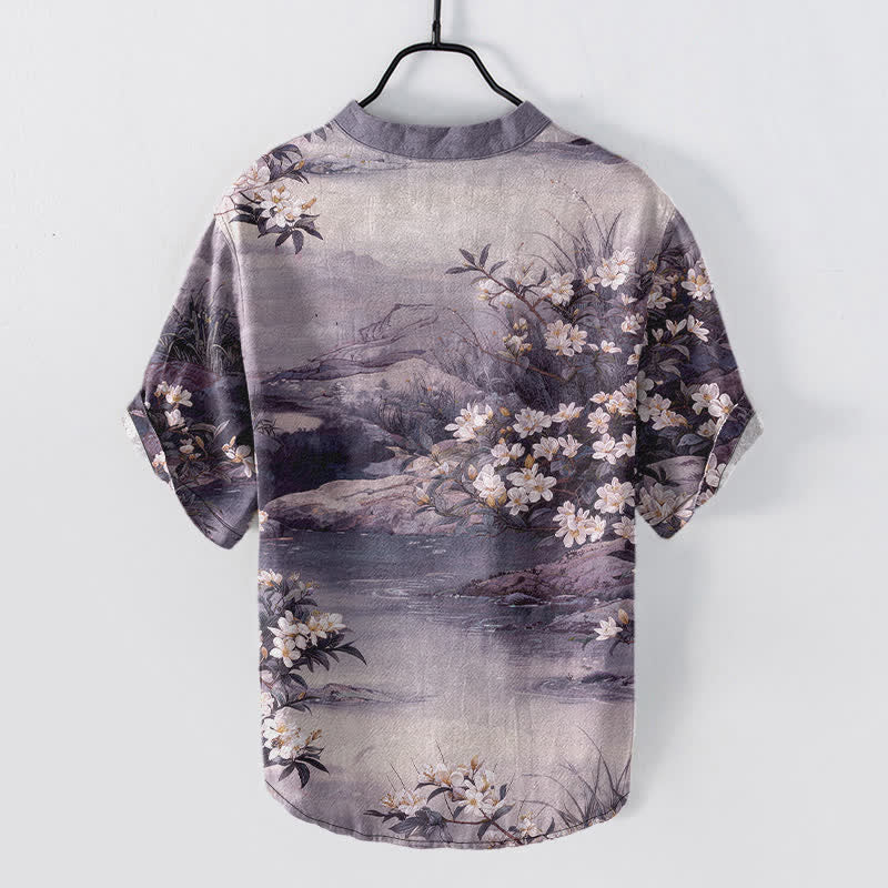 Buddha Stones Camicia da uomo a maniche corte con mezza abbottonatura, in cotone, con motivo floreale acquerellato. - image 8
