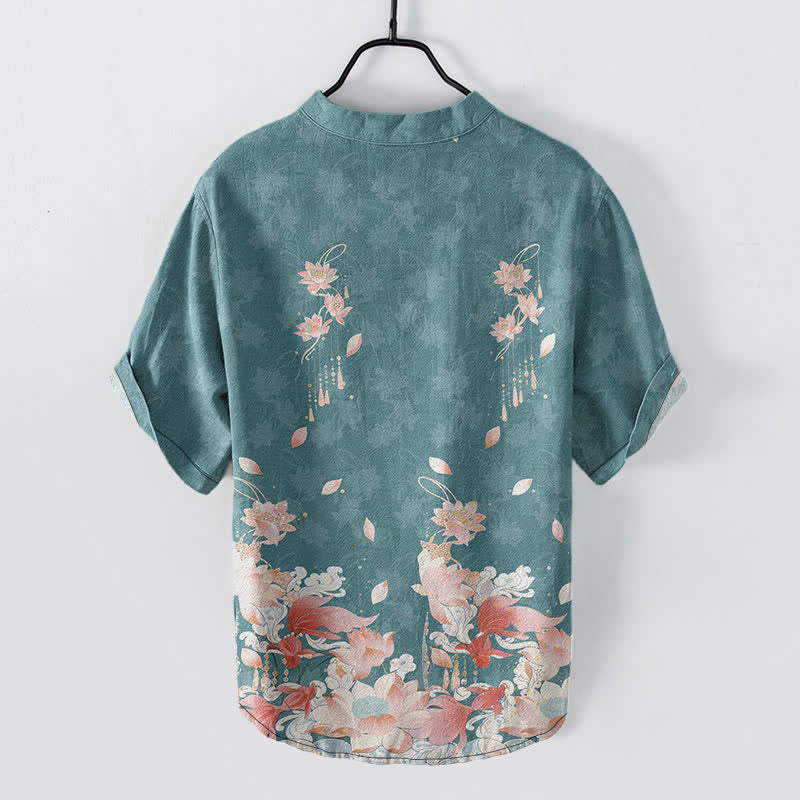 Buddha Stones Camicia da uomo a maniche corte con mezza abbottonatura e motivo a loto in cotone. - image 1