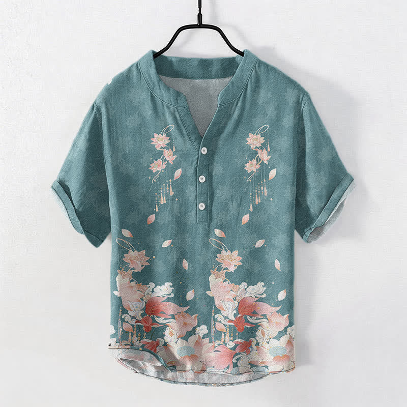 Buddha Stones Camicia da uomo a maniche corte con mezza abbottonatura e motivo a loto in cotone. - Verde acqua - US/UK/AU50, EU60 (5XL) - image 0