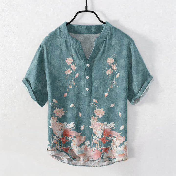 Buddha Stones Camicia da uomo a maniche corte con mezza abbottonatura e motivo a loto in cotone. - Verde acqua - US/UK/AU50, EU60 (5XL) - image 0