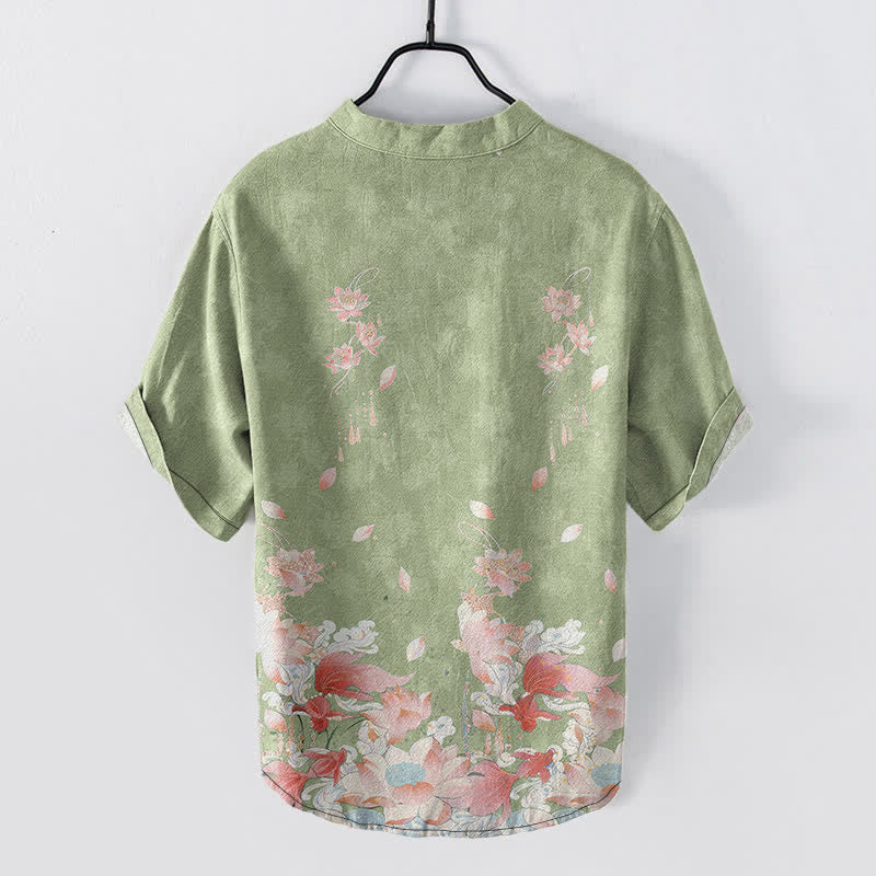 Buddha Stones Camicia da uomo a maniche corte con mezza abbottonatura e motivo a loto in cotone. - image 6