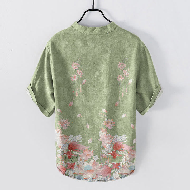 Buddha Stones Camicia da uomo a maniche corte con mezza abbottonatura e motivo a loto in cotone. - image 6
