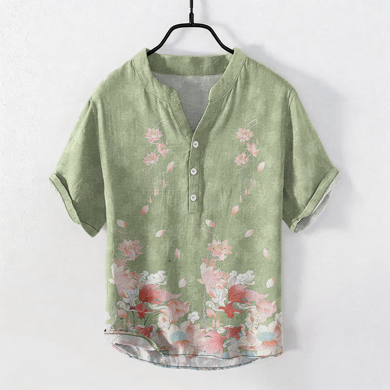 Buddha Stones Camicia da uomo a maniche corte con mezza abbottonatura e motivo a loto in cotone. - Verde chiaro - US/UK/AU50, EU60 (5XL) - image 5