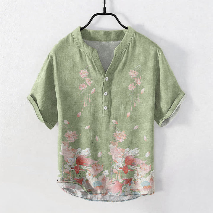 Buddha Stones Camicia da uomo a maniche corte con mezza abbottonatura e motivo a loto in cotone. - Verde chiaro - US/UK/AU50, EU60 (5XL) - image 5
