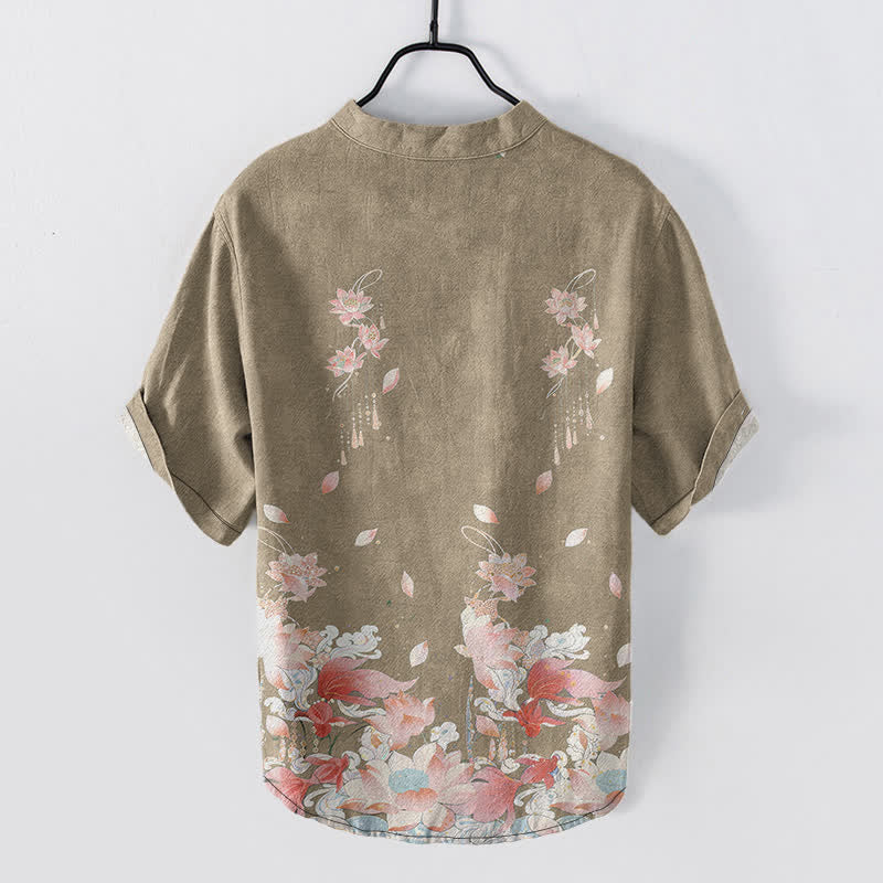 Buddha Stones Camicia da uomo a maniche corte con mezza abbottonatura e motivo a loto in cotone. - image 8
