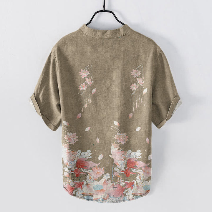 Buddha Stones Camicia da uomo a maniche corte con mezza abbottonatura e motivo a loto in cotone. - image 8