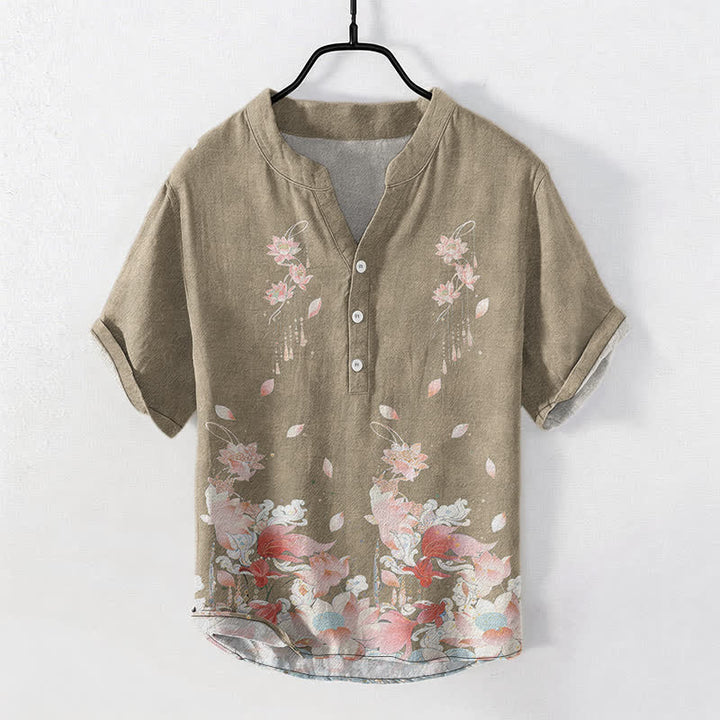 Buddha Stones Camicia da uomo a maniche corte con mezza abbottonatura e motivo a loto in cotone. - Tan - US/UK/AU50, EU60 (5XL) - image 7