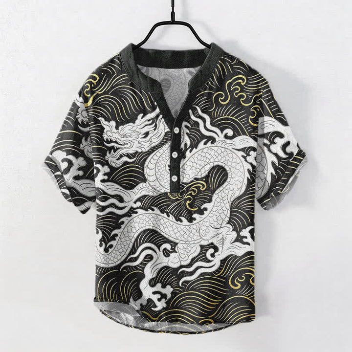 Buddha Stones Camicia da uomo a maniche corte con mezza abbottonatura, in cotone bianco con motivo a onde di drago. - Nero - US/UK/AU50, EU60 (5XL) - image 0