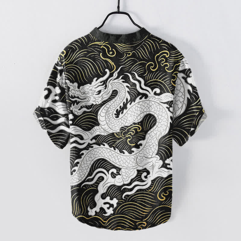 Buddha Stones Camicia da uomo a maniche corte con mezza abbottonatura, in cotone bianco con motivo a onde di drago. - image 1