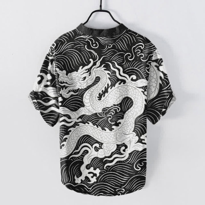 Buddha Stones Camicia da uomo a maniche corte con mezza abbottonatura, in cotone bianco con motivo a onde di drago. - image 6