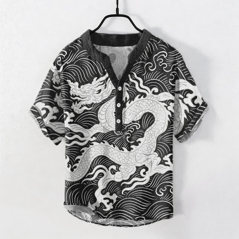 Buddha Stones Camicia da uomo a maniche corte con mezza abbottonatura, in cotone bianco con motivo a onde di drago. - Argento - US/UK/AU50, EU60 (5XL) - image 5