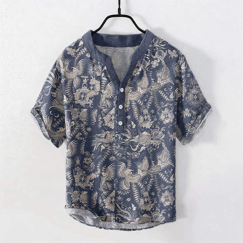 Buddha Stones Camicia da uomo a maniche corte con mezza abbottonatura, in cotone, con motivo floreale botanico. - SteelBlue - US/UK/AU50, EU60 (5XL) - image 0