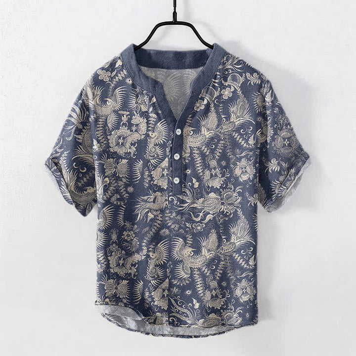 Buddha Stones Camicia da uomo a maniche corte con mezza abbottonatura, in cotone, con motivo floreale botanico. - SteelBlue - US/UK/AU50, EU60 (5XL) - image 0