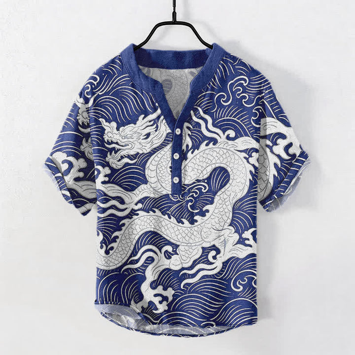 Buddha Stones Camicia da uomo a maniche corte con mezza abbottonatura, in cotone bianco con motivo a onde di drago. - Blu reale - US/UK/AU50, EU60 (5XL) - image 7