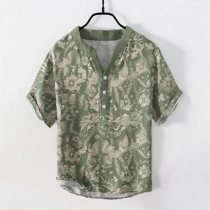 Buddha Stones Camicia da uomo a maniche corte con mezza abbottonatura, in cotone, con motivo floreale botanico. - Verde oliva scuro - US/UK/AU50, EU60 (5XL) - image 7