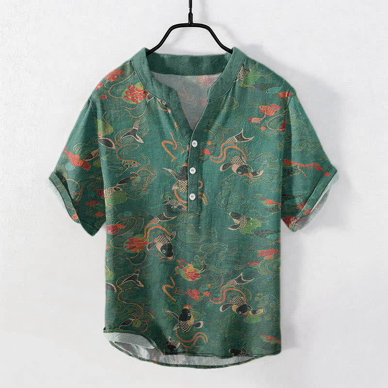 Buddha Stones Camicia da uomo a maniche corte con mezza abbottonatura e motivo di pesci koi e loto in cotone. - Verde mare - US/UK/AU50, EU60 (5XL) - image 0