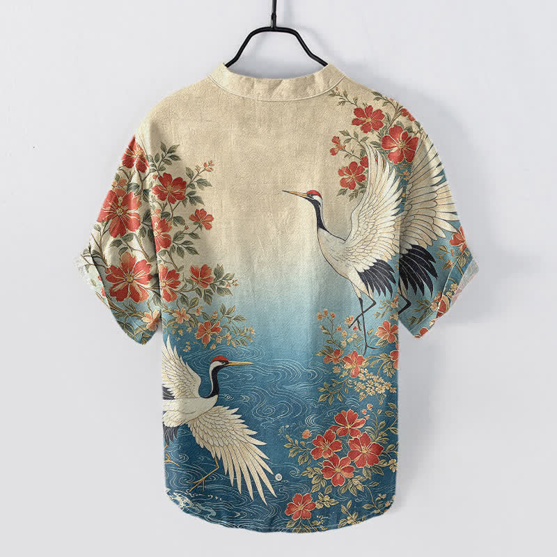 Buddha Stones Camicia da uomo a maniche corte con mezza abbottonatura, in cotone, con motivo floreale a onde e gru orientali. - image 1
