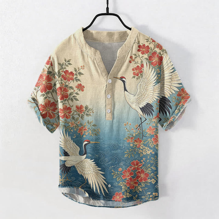 Buddha Stones Camicia da uomo a maniche corte con mezza abbottonatura, in cotone, con motivo floreale a onde e gru orientali. - SteelBlue - US/UK/AU50, EU60 (5XL) - image 0