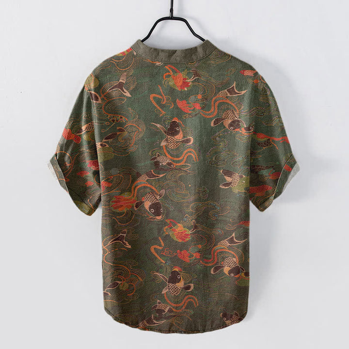 Buddha Stones Camicia da uomo a maniche corte con mezza abbottonatura e motivo di pesci koi e loto in cotone. - image 6