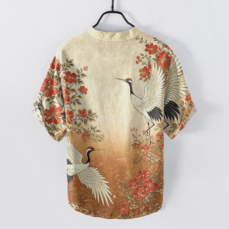 Buddha Stones Camicia da uomo a maniche corte con mezza abbottonatura, in cotone, con motivo floreale a onde e gru orientali. - image 4