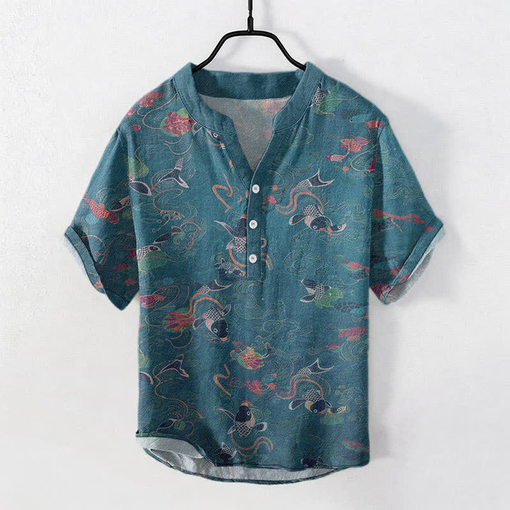 Buddha Stones Camicia da uomo a maniche corte con mezza abbottonatura e motivo di pesci koi e loto in cotone. - Verde acqua - US/UK/AU50, EU60 (5XL) - image 7