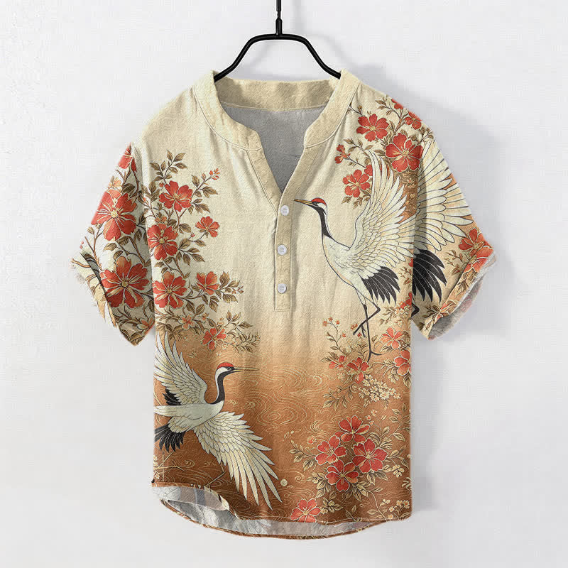 Buddha Stones Camicia da uomo a maniche corte con mezza abbottonatura, in cotone, con motivo floreale a onde e gru orientali. - Perù - US/UK/AU50, EU60 (5XL) - image 3