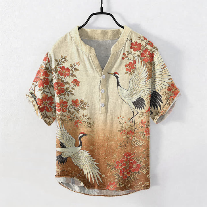 Buddha Stones Camicia da uomo a maniche corte con mezza abbottonatura, in cotone, con motivo floreale a onde e gru orientali. - Perù - US/UK/AU50, EU60 (5XL) - image 3