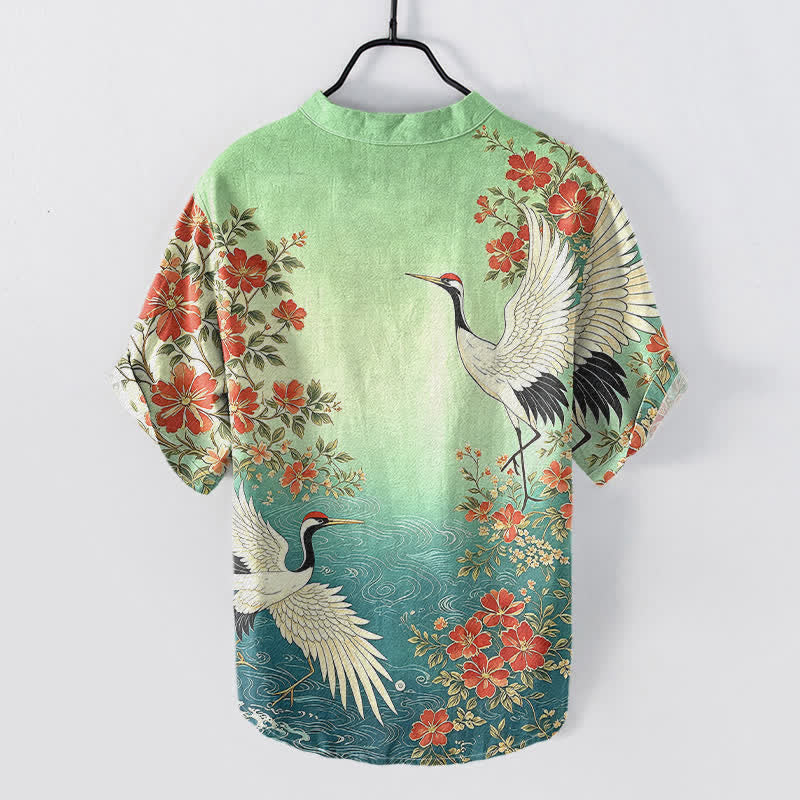 Buddha Stones Camicia da uomo a maniche corte con mezza abbottonatura, in cotone, con motivo floreale a onde e gru orientali. - image 6