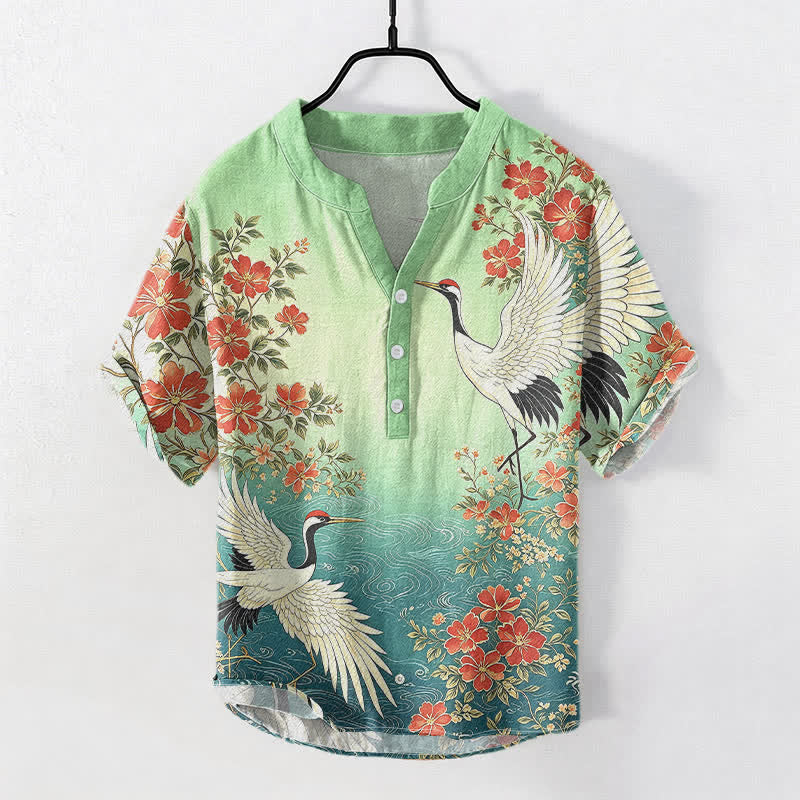 Buddha Stones Camicia da uomo a maniche corte con mezza abbottonatura, in cotone, con motivo floreale a onde e gru orientali. - Verde Mare Chiaro - US/UK/AU50, EU60 (5XL) - image 5