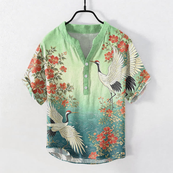 Buddha Stones Camicia da uomo a maniche corte con mezza abbottonatura, in cotone, con motivo floreale a onde e gru orientali. - Verde Mare Chiaro - US/UK/AU50, EU60 (5XL) - image 5