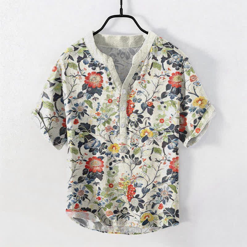 Buddha Stones Camicia da uomo a maniche corte con mezza abbottonatura, in cotone, con motivo floreale vintage da giardino. - Avorio - US/UK/AU50, EU60 (5XL) - image 0