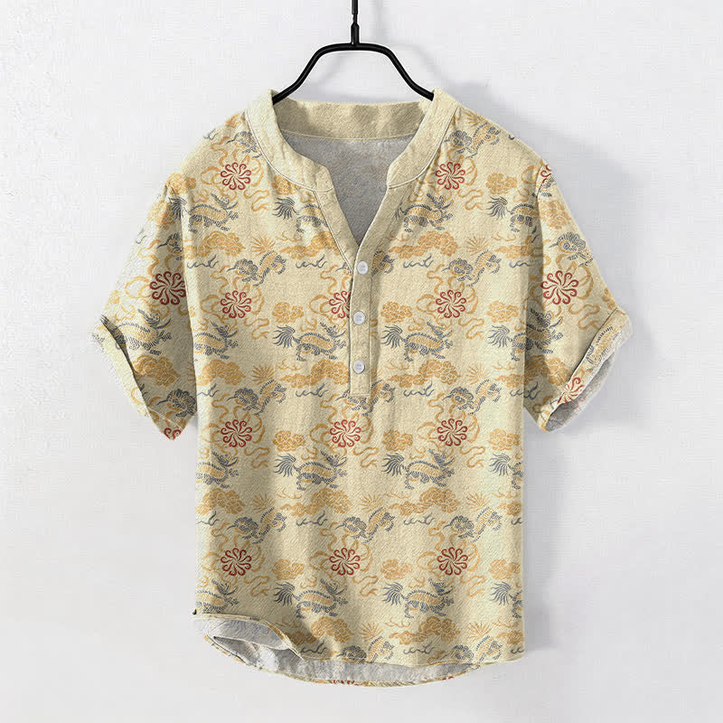 Buddha Stones Camicia da uomo a maniche corte con mezza abbottonatura, in cotone, con motivo floreale orientale, nuvole e onde. - Beige - US/UK/AU50, EU60 (5XL) - image 0