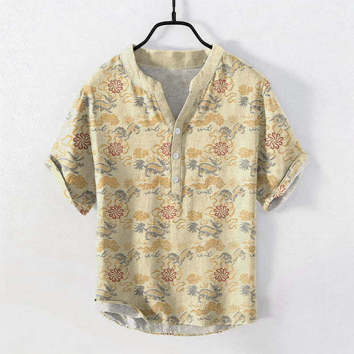 Buddha Stones Camicia da uomo a maniche corte con mezza abbottonatura, in cotone, con motivo floreale orientale, nuvole e onde. - Beige - US/UK/AU50, EU60 (5XL) - image 0