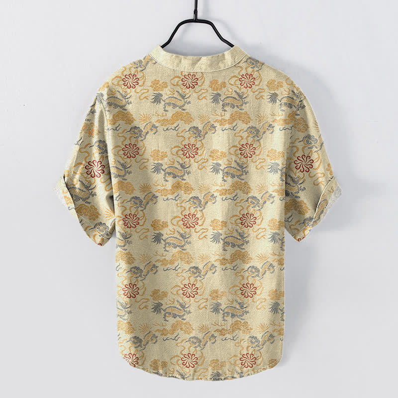 Buddha Stones Camicia da uomo a maniche corte con mezza abbottonatura, in cotone, con motivo floreale orientale, nuvole e onde. - image 1