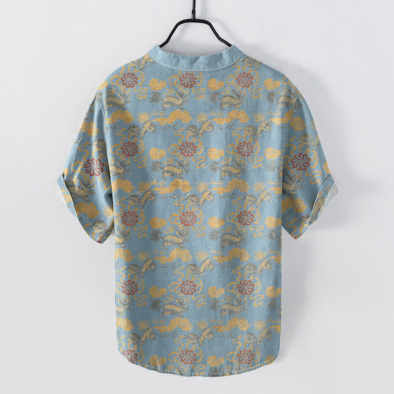 Buddha Stones Camicia da uomo a maniche corte con mezza abbottonatura, in cotone, con motivo floreale orientale, nuvole e onde. - image 4