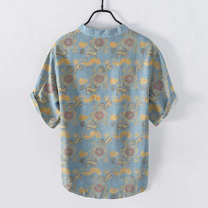 Buddha Stones Camicia da uomo a maniche corte con mezza abbottonatura, in cotone, con motivo floreale orientale, nuvole e onde. - image 4