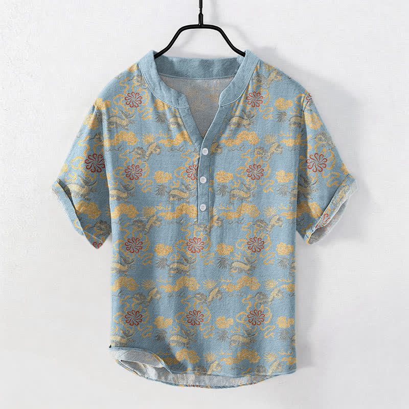 Buddha Stones Camicia da uomo a maniche corte con mezza abbottonatura, in cotone, con motivo floreale orientale, nuvole e onde. - Azzurro chiaro - US/UK/AU50, EU60 (5XL) - image 3