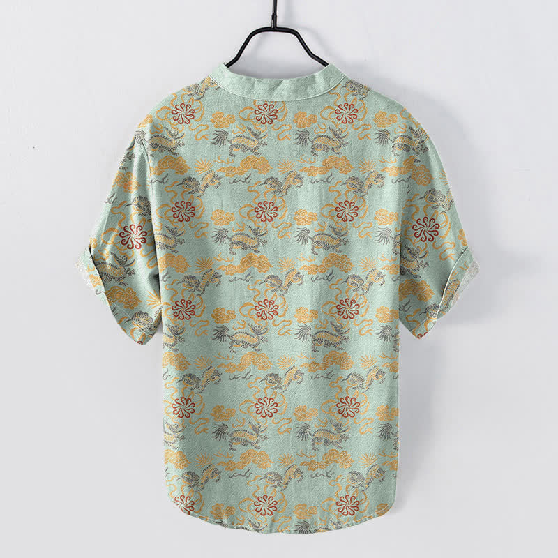 Buddha Stones Camicia da uomo a maniche corte con mezza abbottonatura, in cotone, con motivo floreale orientale, nuvole e onde. - image 6