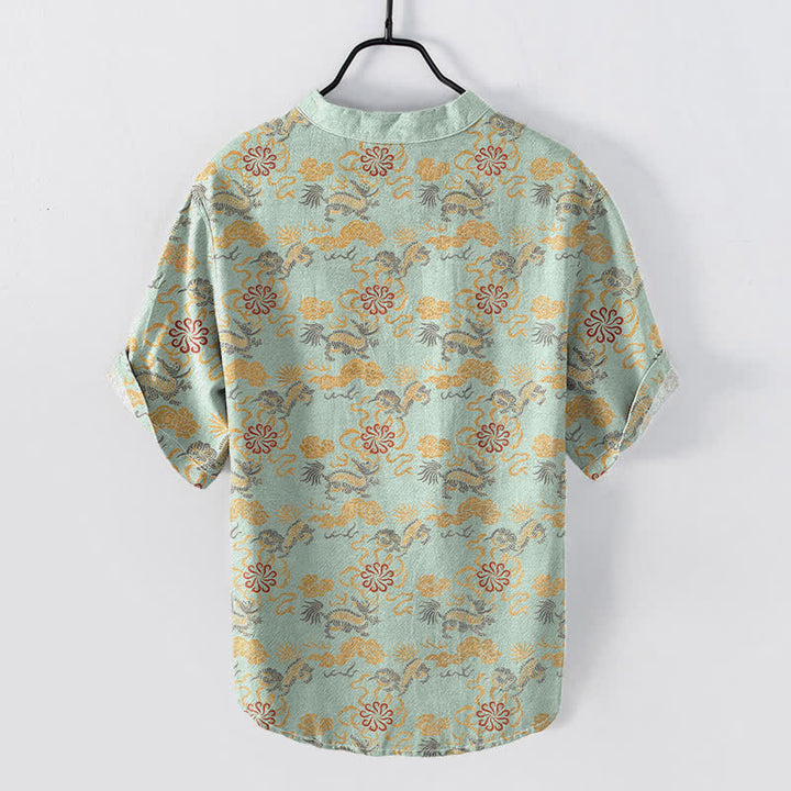 Buddha Stones Camicia da uomo a maniche corte con mezza abbottonatura, in cotone, con motivo floreale orientale, nuvole e onde. - image 6