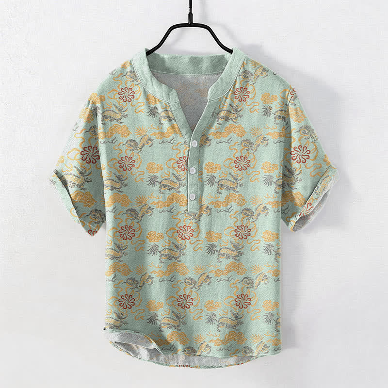 Buddha Stones Camicia da uomo a maniche corte con mezza abbottonatura, in cotone, con motivo floreale orientale, nuvole e onde. - Crema alla menta - US/UK/AU50, EU60 (5XL) - image 5