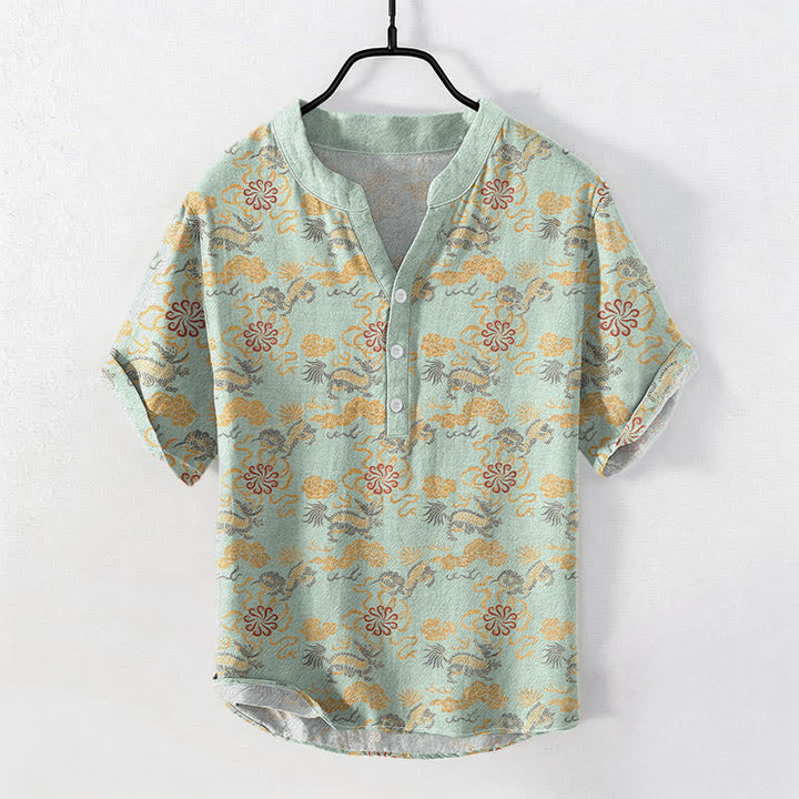 Buddha Stones Camicia da uomo a maniche corte con mezza abbottonatura, in cotone, con motivo floreale orientale, nuvole e onde. - Crema alla menta - US/UK/AU50, EU60 (5XL) - image 5