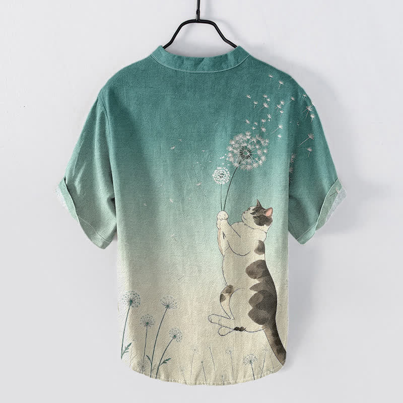 Buddha Stones Camicia da uomo a maniche corte con mezzo bottone, in cotone, con motivo di gatto e dente di leone disegnato a mano. - image 1