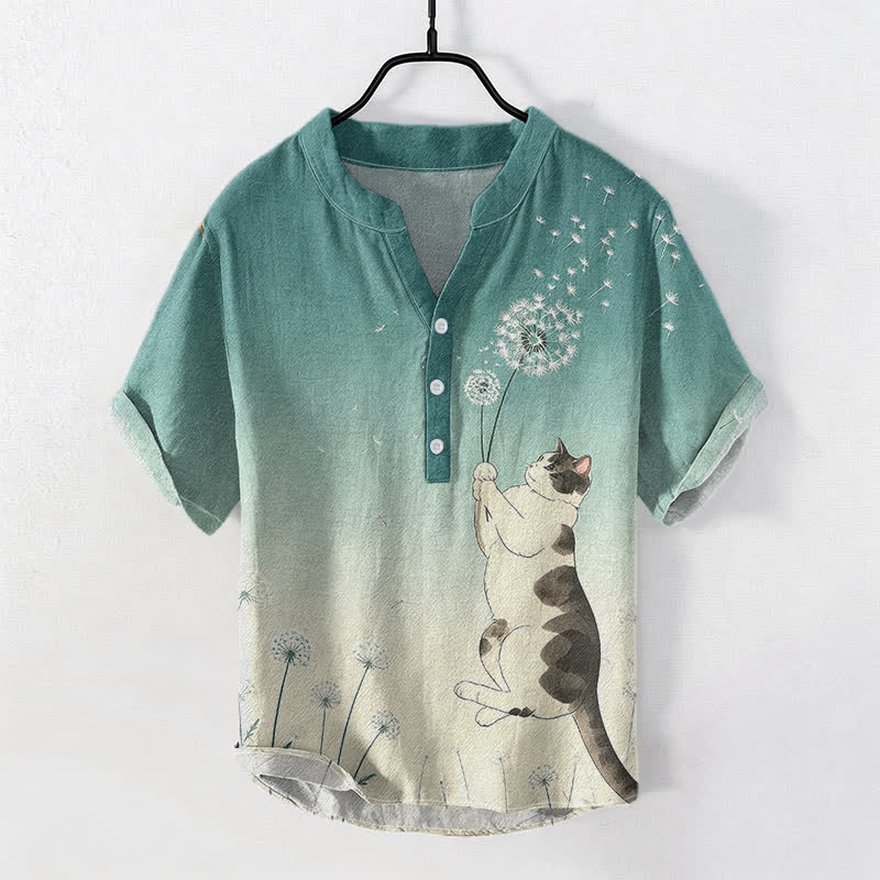 Buddha Stones Camicia da uomo a maniche corte con mezzo bottone, in cotone, con motivo di gatto e dente di leone disegnato a mano. - Verde medio del mare - US/UK/AU50, EU60 (5XL) - image 0