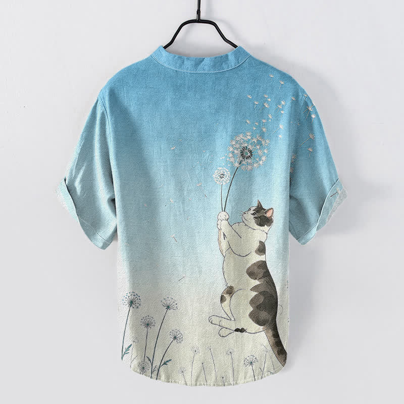 Buddha Stones Camicia da uomo a maniche corte con mezzo bottone, in cotone, con motivo di gatto e dente di leone disegnato a mano. - image 4