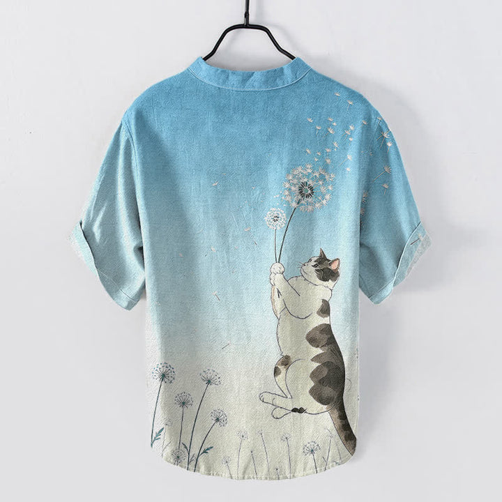 Buddha Stones Camicia da uomo a maniche corte con mezzo bottone, in cotone, con motivo di gatto e dente di leone disegnato a mano. - image 4