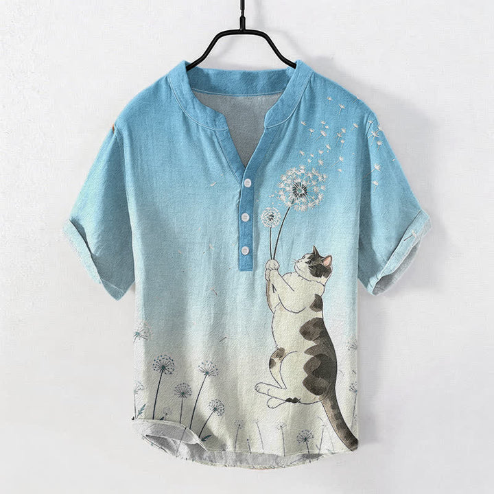 Buddha Stones Camicia da uomo a maniche corte con mezzo bottone, in cotone, con motivo di gatto e dente di leone disegnato a mano. - Cielo Blu - US/UK/AU50, EU60 (5XL) - image 3