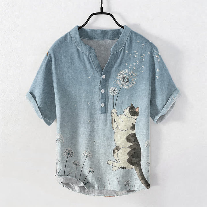 Buddha Stones Camicia da uomo a maniche corte con mezzo bottone, in cotone, con motivo di gatto e dente di leone disegnato a mano. - Blu acciaio chiaro - US/UK/AU50, EU60 (5XL) - image 5
