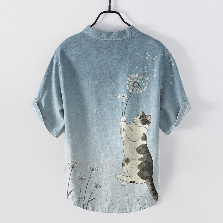 Buddha Stones Camicia da uomo a maniche corte con mezzo bottone, in cotone, con motivo di gatto e dente di leone disegnato a mano. - image 6